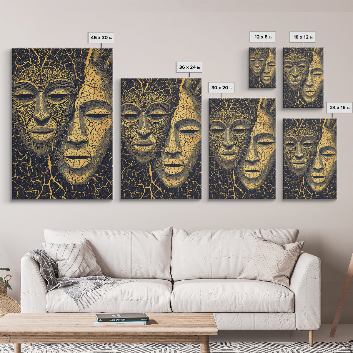 Gold Line African Mask Duo Wall Art, Tribal Mask Canvas Print, Black And Gold Decor, Afrocentric Cultural Home Decor Gift