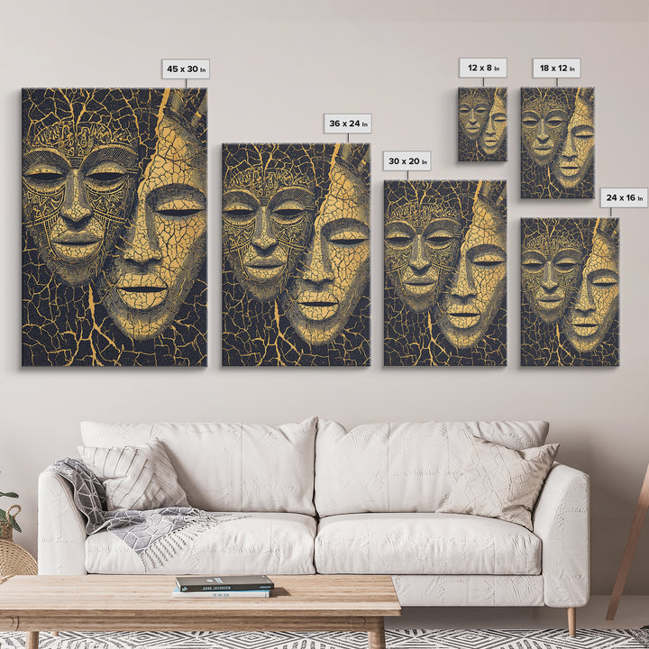 Gold Line African Mask Duo Wall Art, Tribal Mask Canvas Print, Black And Gold Decor, Afrocentric Cultural Home Decor Gift