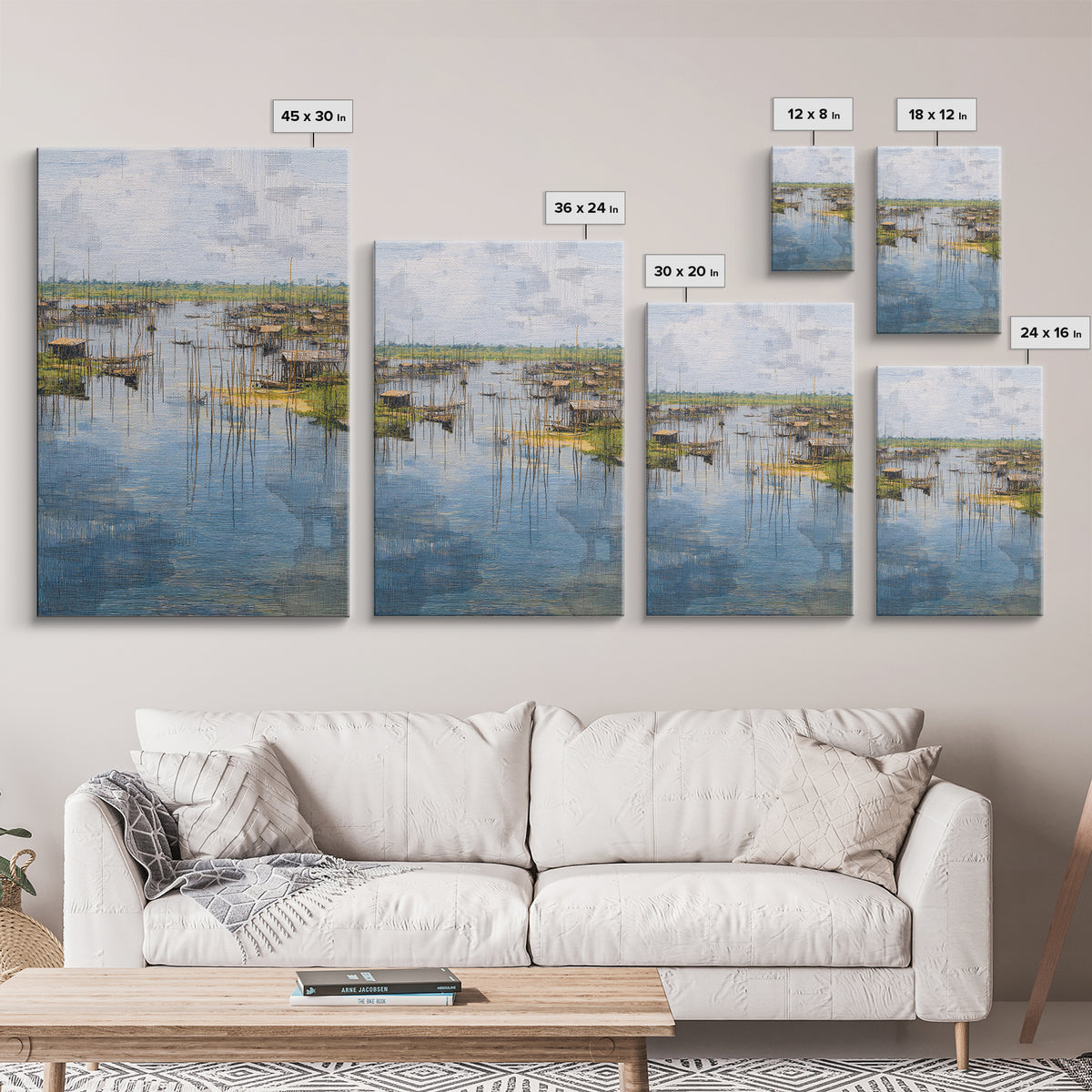 Serene African Fishing Village Wall Art, Blue Wetland Landscape Canvas, Coastal Nature Scene, Textured Home Decor For Living Room