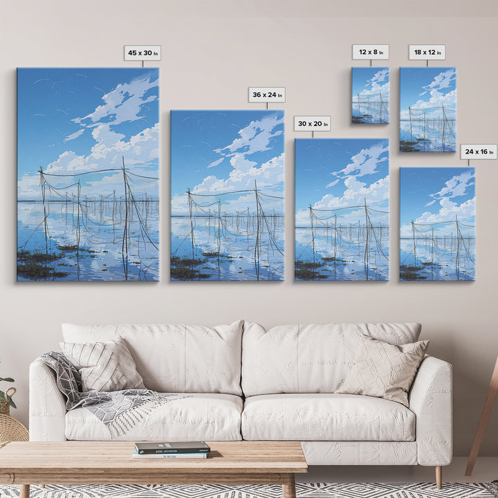 Blue Sky Fishing Nets Wall Art, Minimalist Coastal African Landscape Canvas, Serene Water Reflections, Bedroom Decor Gift