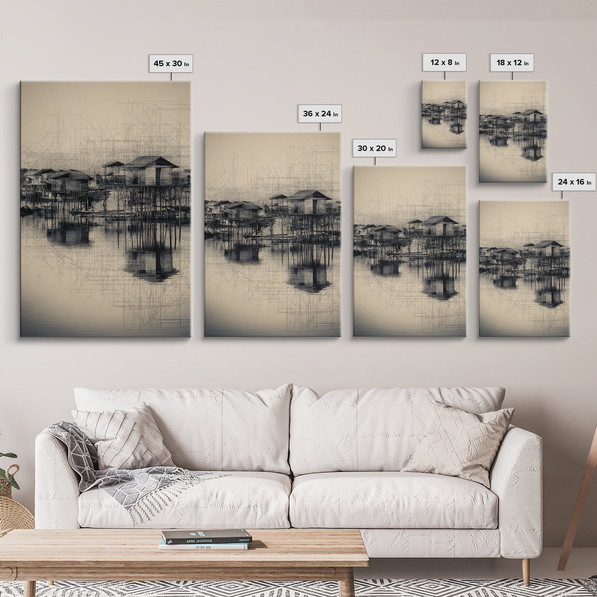 Monochrome Stilt Village Framed Canvas Print, African Fishing Huts Sketch, Minimalist Black Wall Decor For Office And Living Room