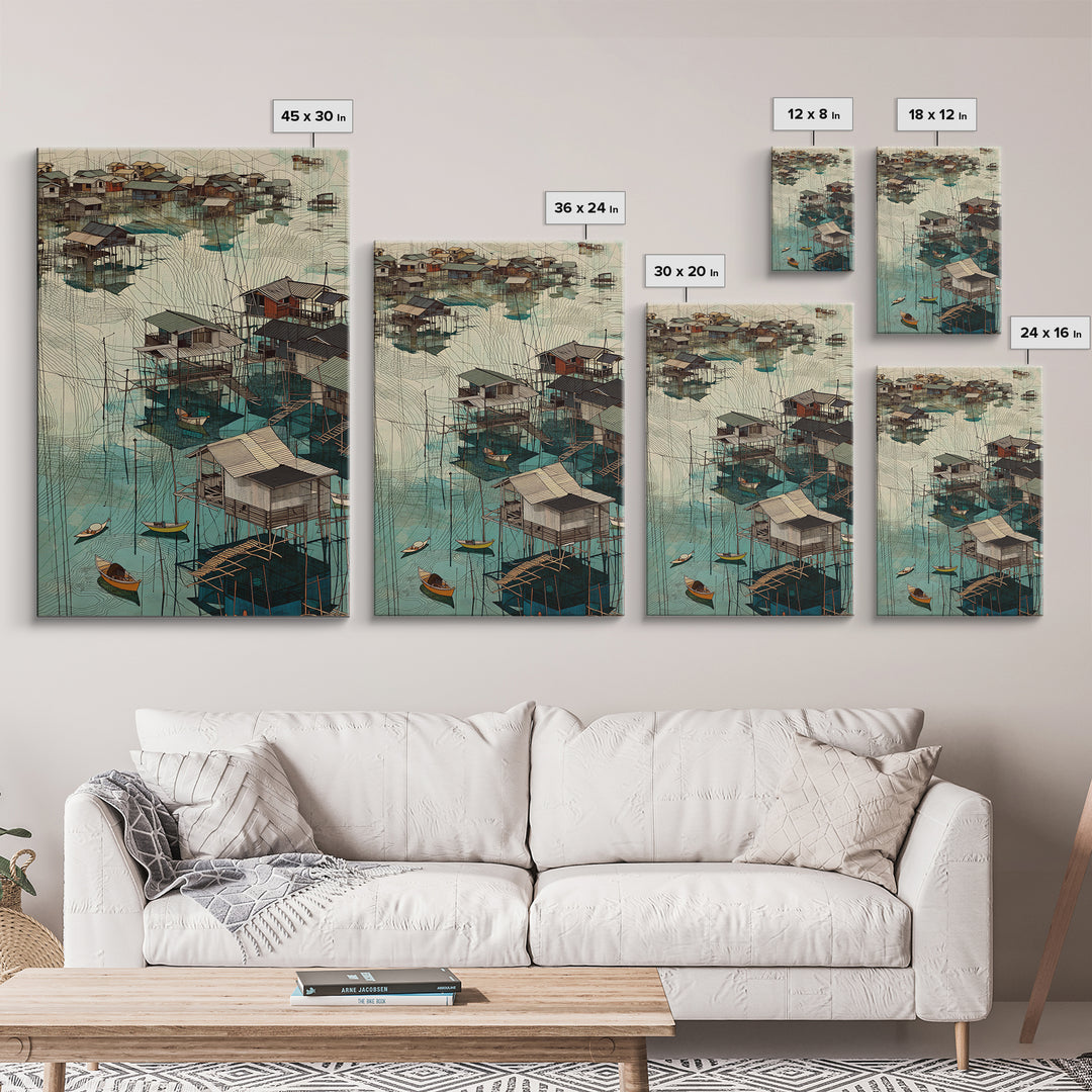 Turquoise African Stilt Houses Wall Art, Fishing Village Canvas, Coastal Landscape Print, Cultural Home Decor Gift For Living Room