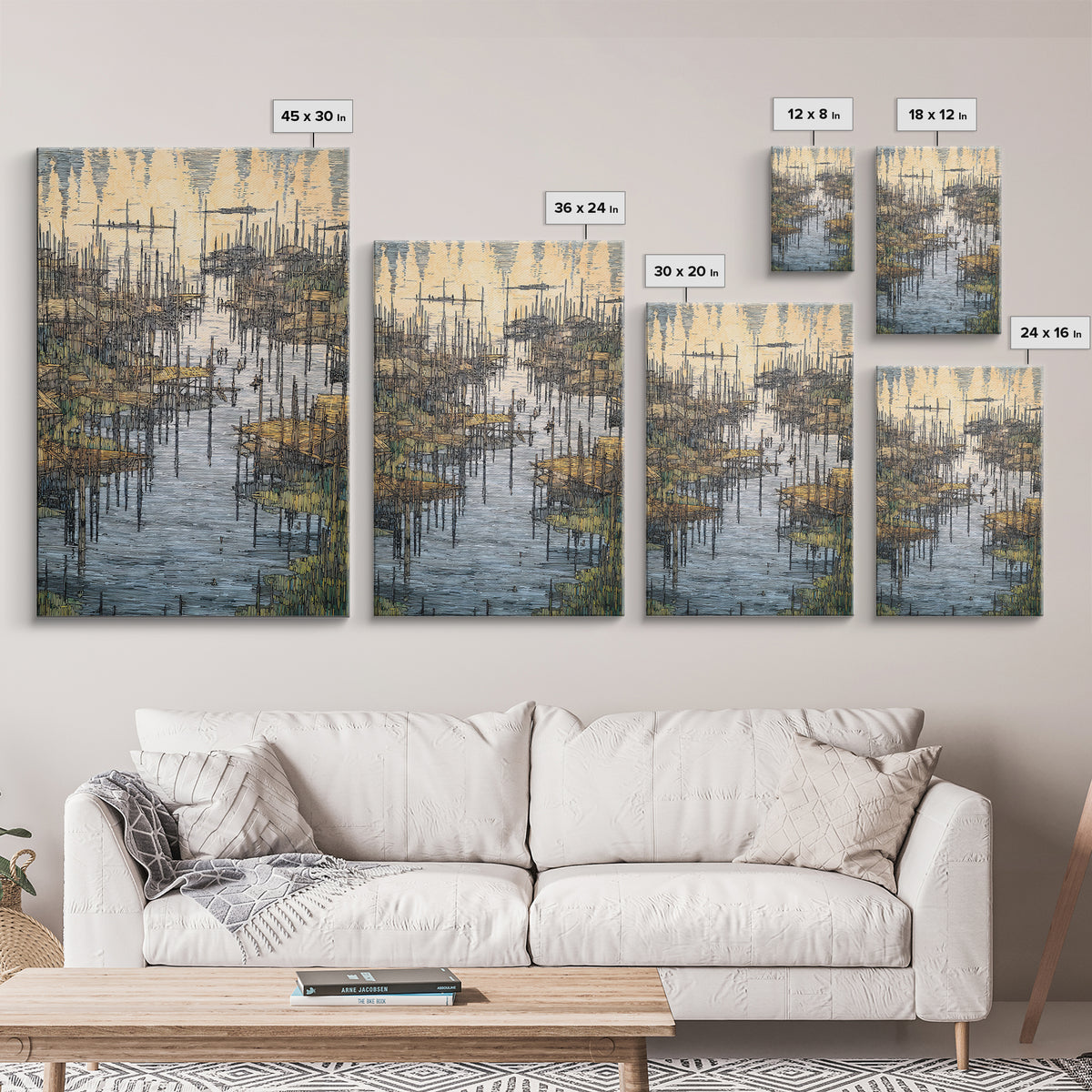 Intricate African Wetland Village Wall Art, Fishing Poles And Boats Canvas, Textured Landscape Decor For Living Room Gift