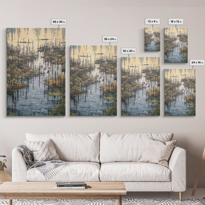 Intricate African Wetland Village Wall Art, Fishing Poles And Boats Canvas, Textured Landscape Decor For Living Room Gift