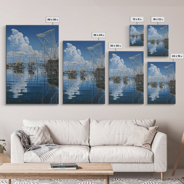 Dreamy Fishing Nets On Blue Water Wall Art, African Coastal Village Canvas, Cloud Reflection Nature Decor Gift For Home And Office