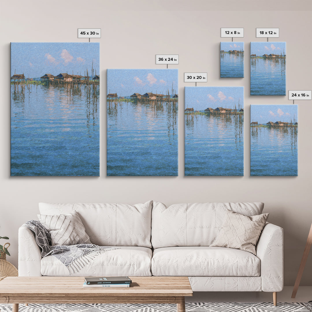 Peaceful Blue Lagoon Stilt Village Canvas Print, African Coastal Landscape, Impressionist Water Reflections Wall Decor Gift