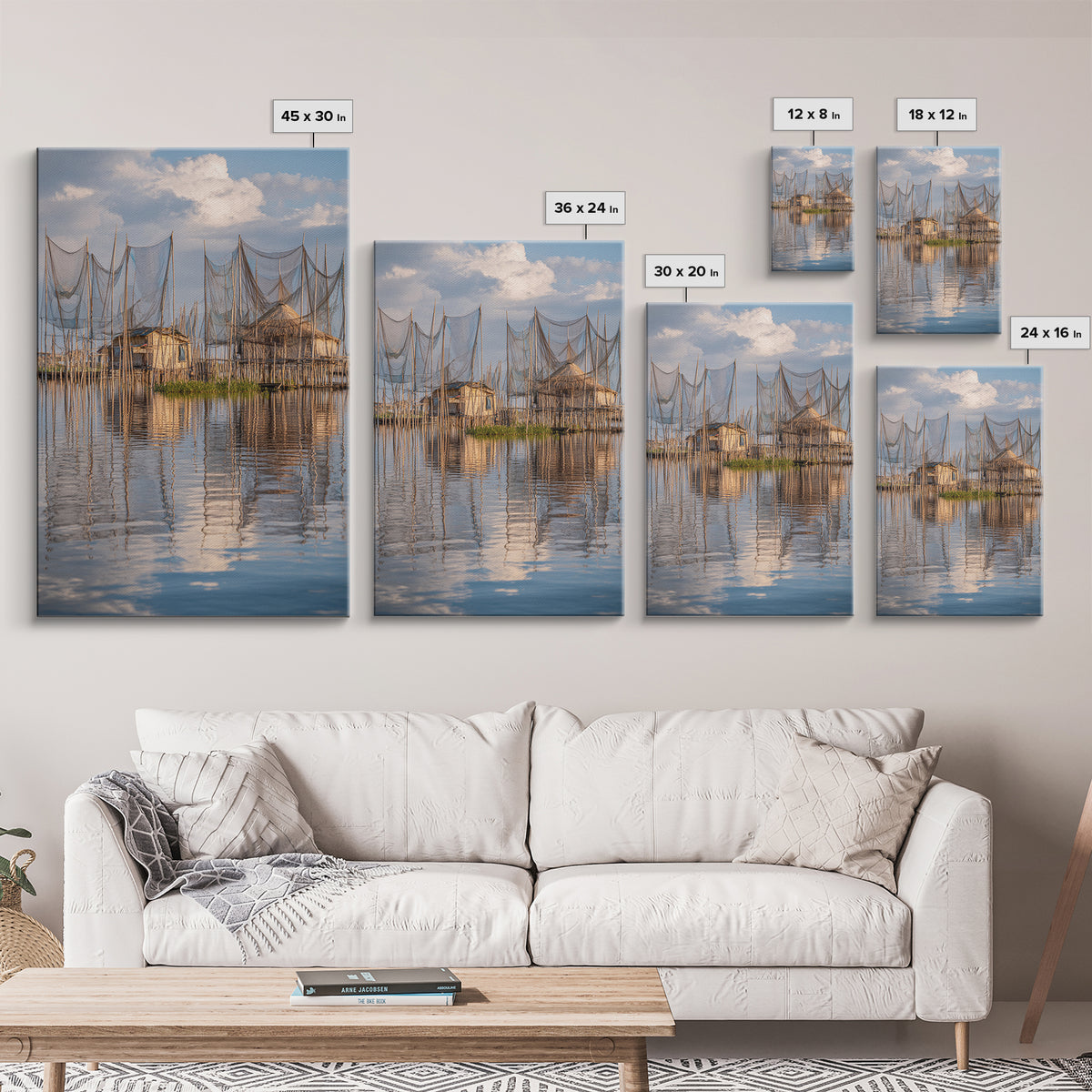 Sunlit Stilt Fishing Huts And Net Reflections Wall Art, Coastal Lake Village Canvas Print, Serene Blue Water Living Room Decor