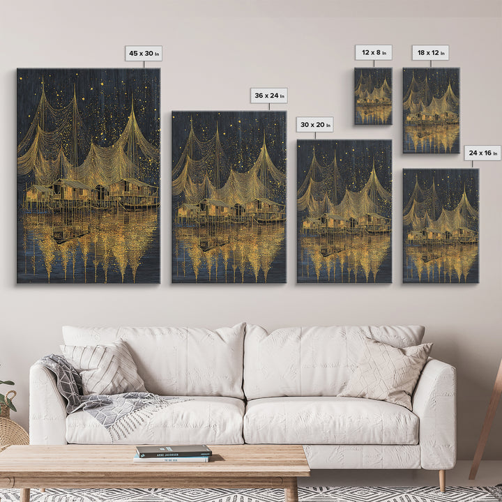 Golden Night Fishing Nets Over Stilt Houses Canvas Print, African Inspired Coastal Village Wall Decor, Black Gold Statement Art