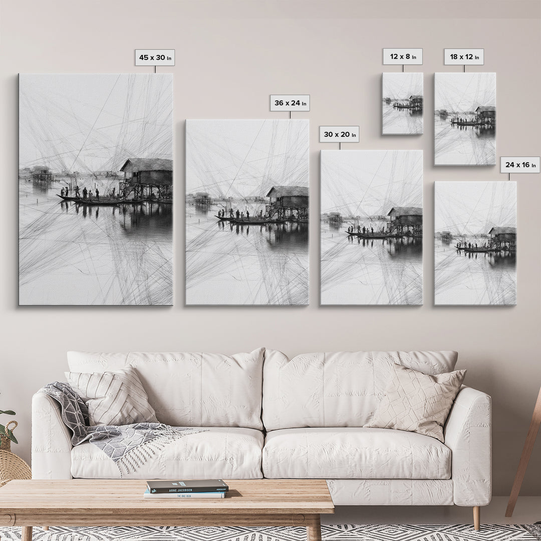 Black And White Fishing Village Sketch Wall Art, Fine Line Coastal Hut Drawing, Minimalist Lake House Decor For Gallery Walls