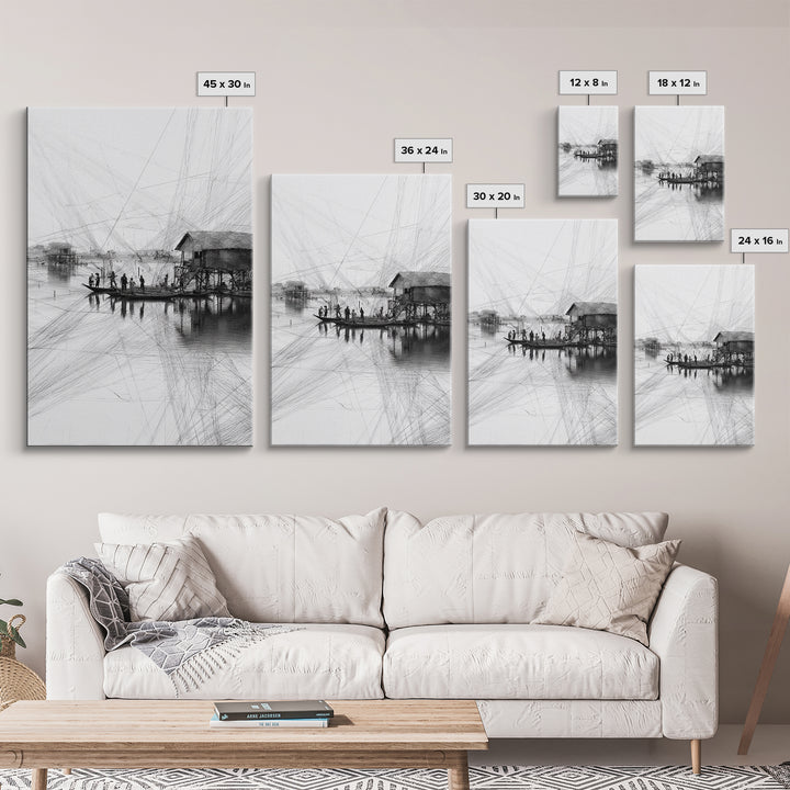 Black And White Fishing Village Sketch Wall Art, Fine Line Coastal Hut Drawing, Minimalist Lake House Decor For Gallery Walls
