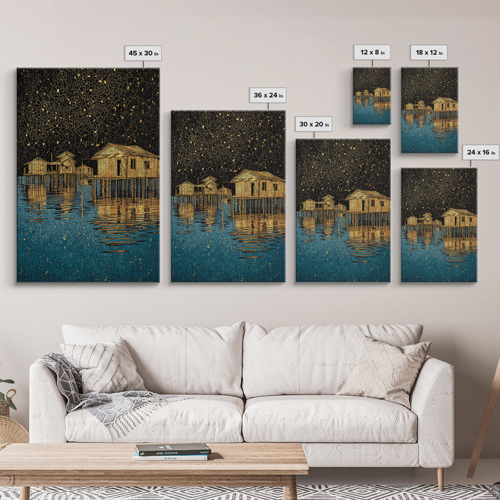 Gold Stilt Houses On Blue Water Canvas Print, Abstract Coastal Village Wall Art, Black Gold Lake Reflections Home Decor Art