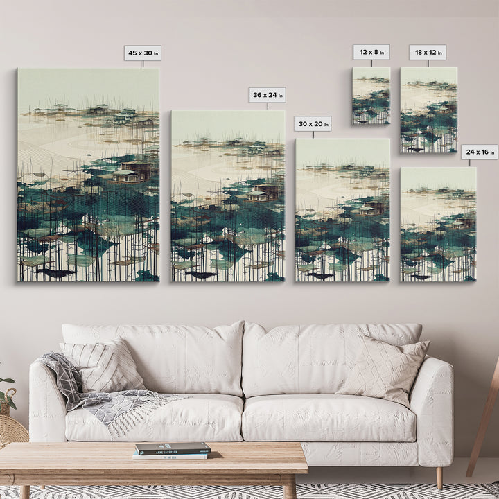 Minimal Teal Stilt Village Across Quiet Water Wall Art, Modern Coastal Landscape Canvas Print, Beige Green Living Room Decor