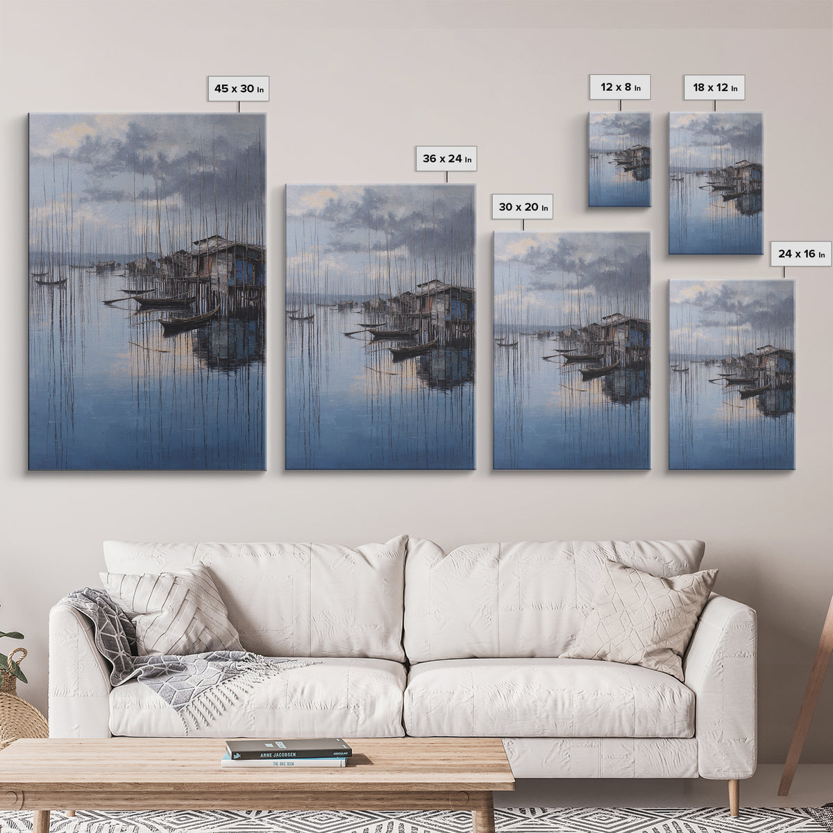 Moody Blue Fishing Boats By Stilt Houses Framed Canvas Print, Serene Lake Village Wall Art, Coastal Home Decor Gift For Living Room