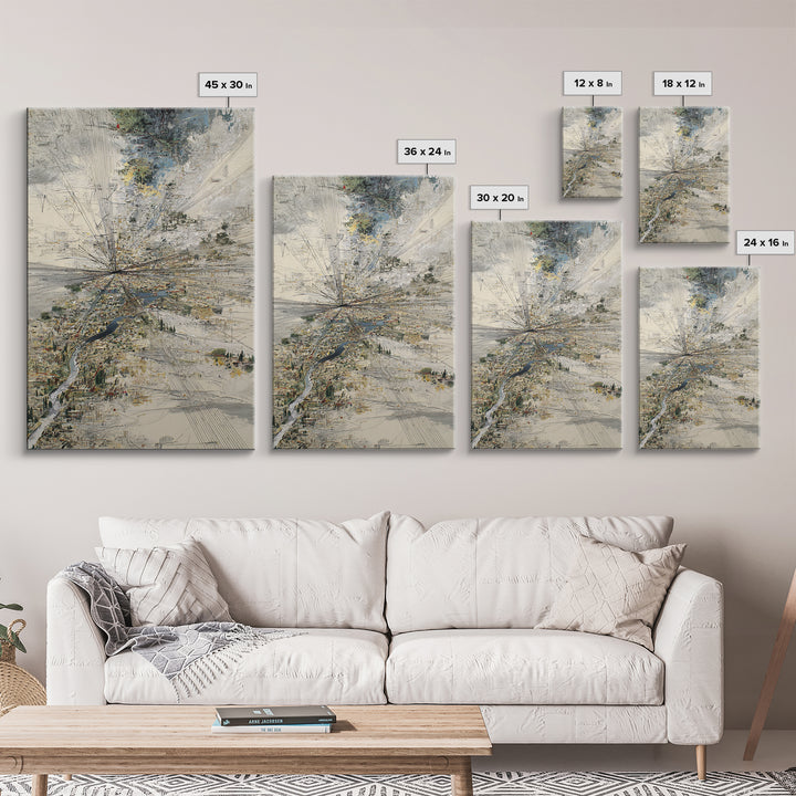 Abstract Aerial River Delta And City Lines Wall Art, Modern Landscape Canvas Print, Textured Blue Gray Gallery Office Decor
