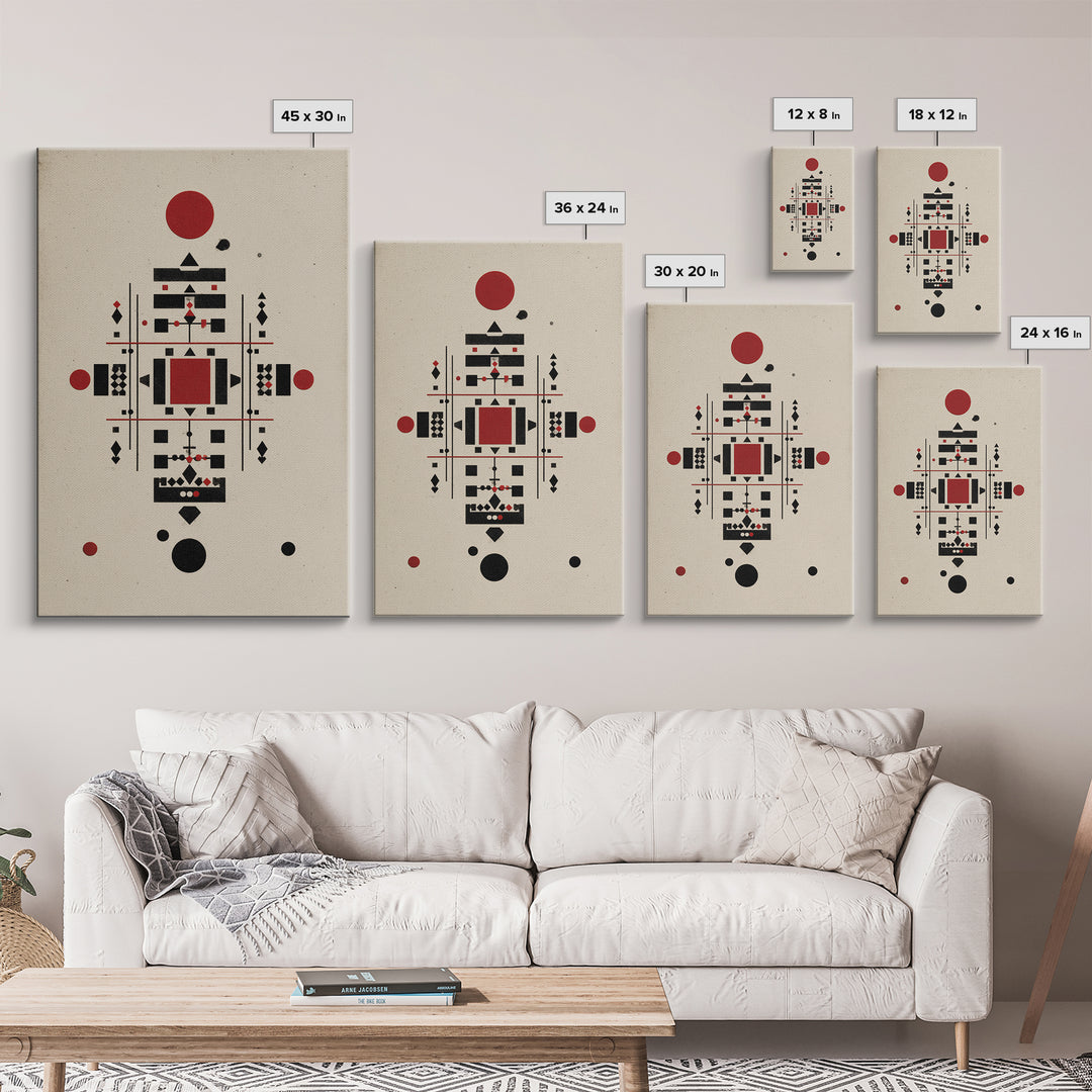Red Black Tribal Geometry On Beige Canvas Print, African Inspired Abstract Wall Art, Minimalist Cultural Home Decor Gift
