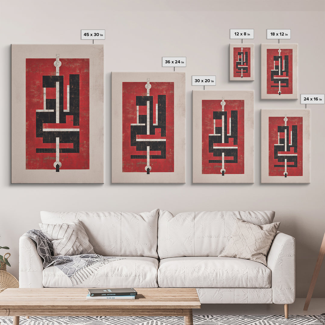 Red Black Geometric Totem Abstract Canvas Print, Modern Tribal Wall Art, Bold Cultural Home Decor For Statement Rooms Art