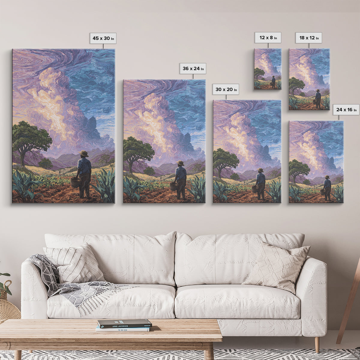 Farmer Under Swirling Storm Sky Canvas Print, African Landscape, Nature Scene Art, Earth Tone Wall Art, Living Room Decor