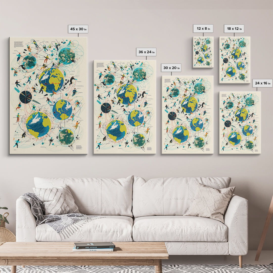 Abstract Global Network People Wall Art, Modern African Inspired Digital Art, Geometric Office Decor, World Map Canvas Print