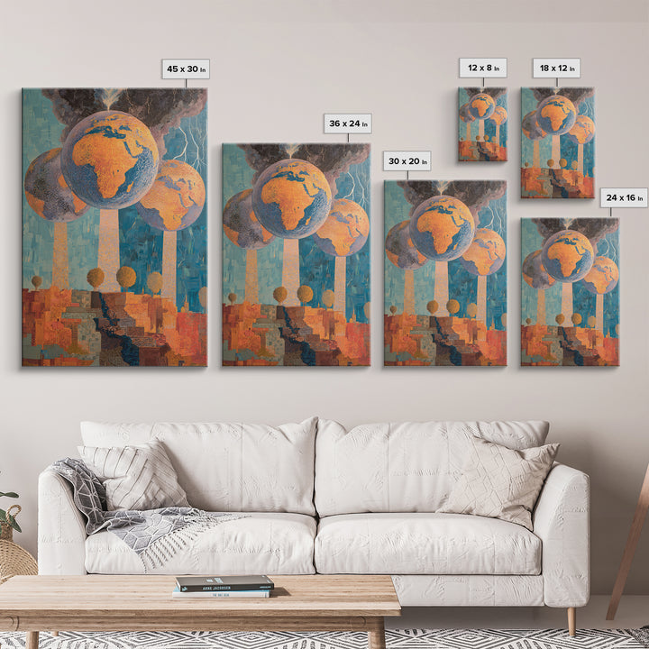 Surreal Africa Globe Trees Stormy City Wall Art, Modern African Art Print, Orange Blue Statement Decor, Afrofuturism Canvas Print