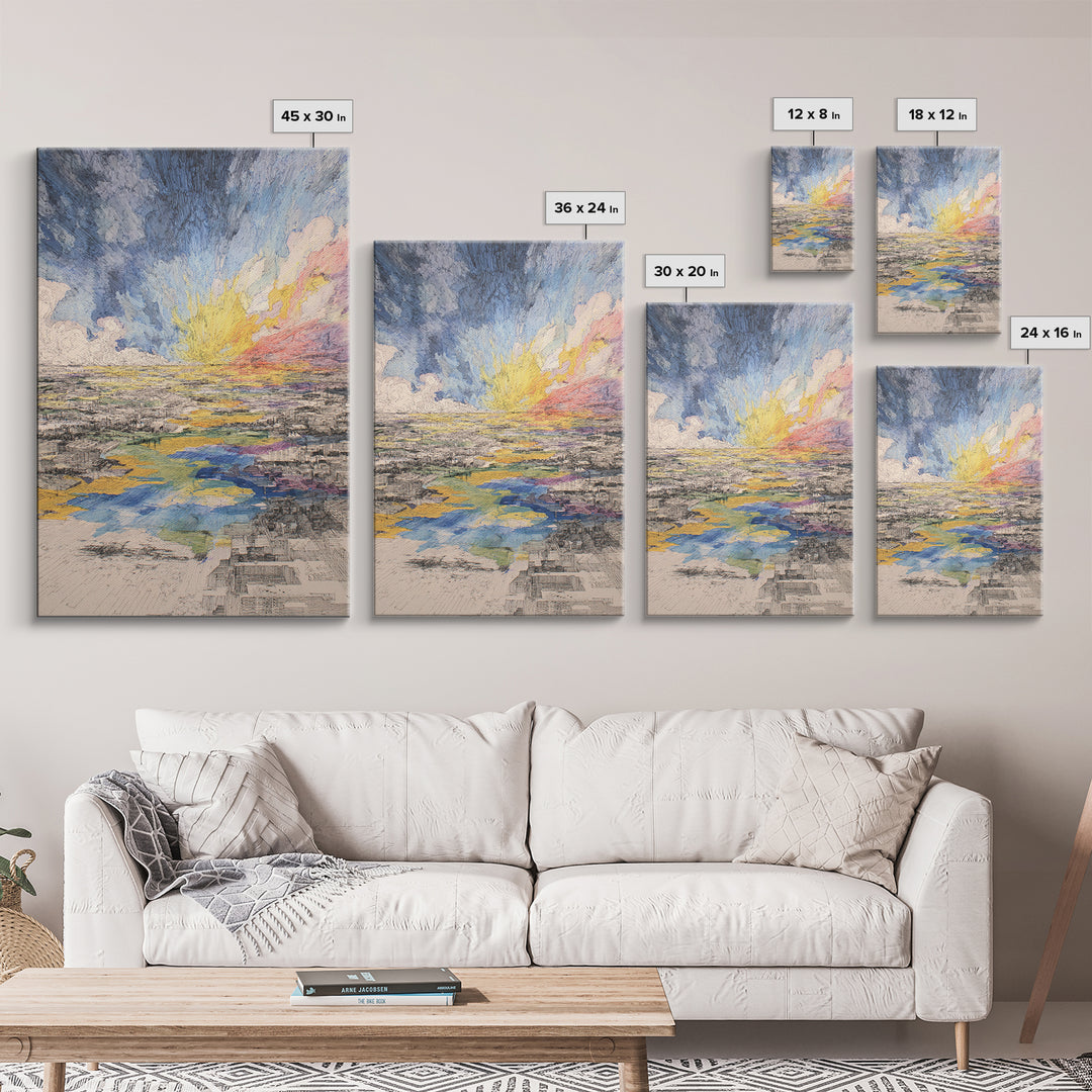 Radiant Abstract City And River Sunrise Canvas Print, Modern African Inspired Wall Art, Colorful Landscape Office Decor Gift