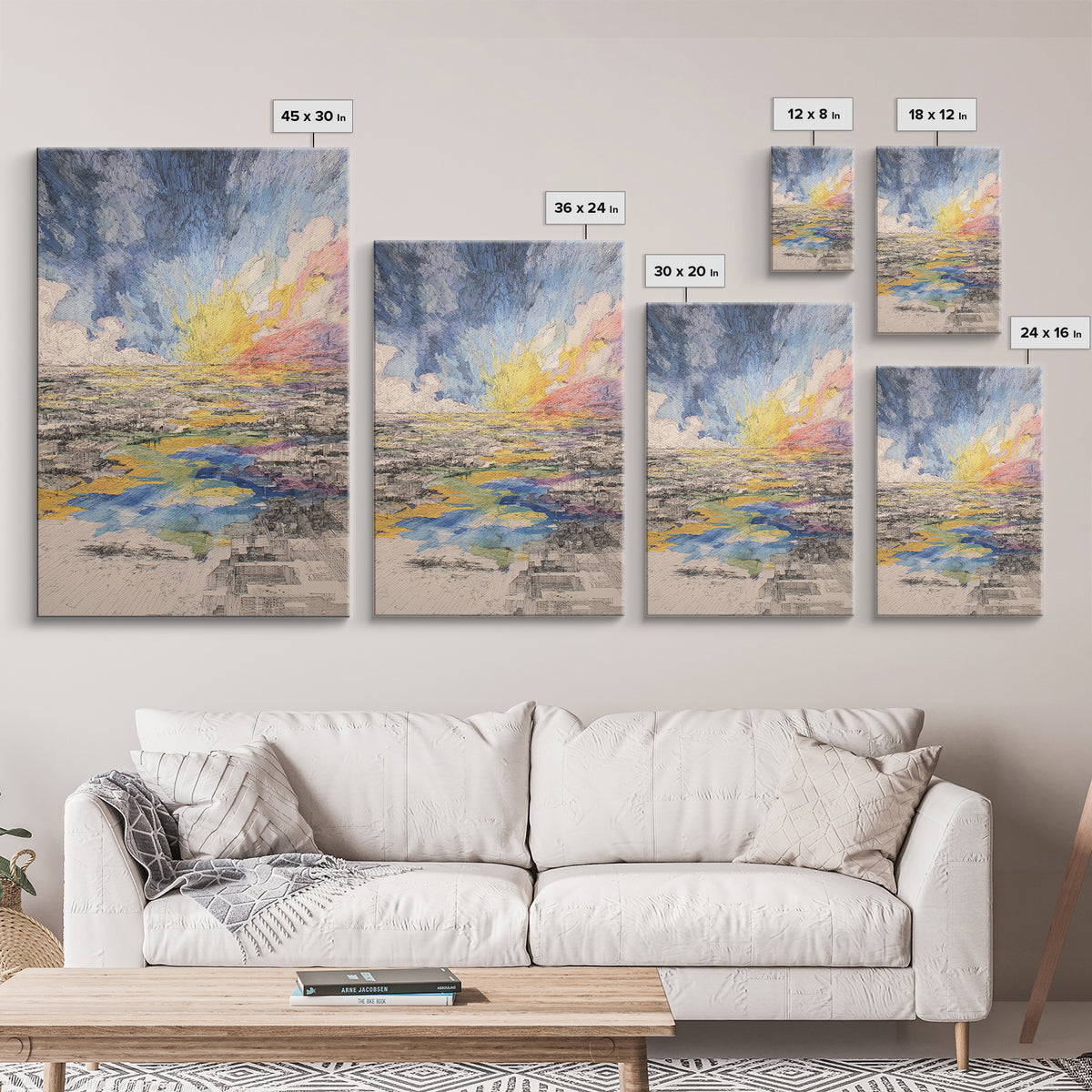 Radiant Abstract City And River Sunrise Canvas Print, Modern African Inspired Wall Art, Colorful Landscape Office Decor Gift