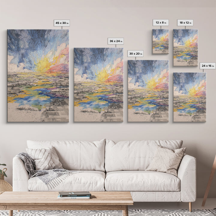 Radiant Abstract City And River Sunrise Canvas Print, Modern African Inspired Wall Art, Colorful Landscape Office Decor Gift