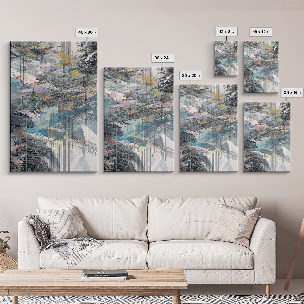Layered City Grid Canvas Print, Abstract Urban Skyline, Modern Geometric Wall Decor, Blue Gray Office Art Gift, Large Home Decor
