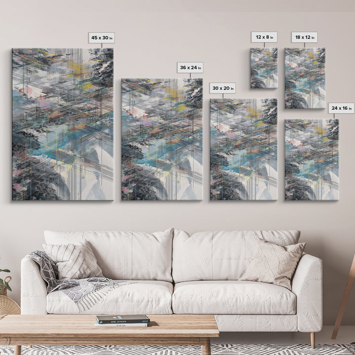 Layered City Grid Canvas Print, Abstract Urban Skyline, Modern Geometric Wall Decor, Blue Gray Office Art Gift, Large Home Decor