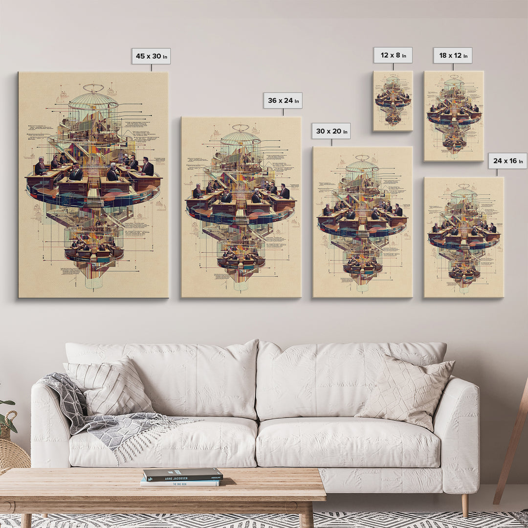 Futuristic Council Chamber Wall Art, Architectural Diagram, Modern Afrocentric Decor, Geometric Office Canvas Print Gift