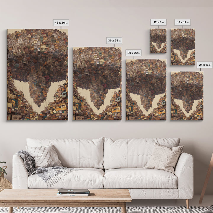 Inverted Megacity Wall Art, Surreal Urban Architecture, Modern Black Art Decor, Statement Canvas Print For Living Room Decor
