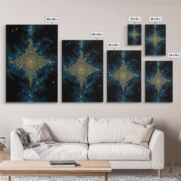 Golden Celestial Geometry Canvas Print, Cosmic Star Map Wall Art, Black And Gold Spiritual Decor, Mystical Gift For Home