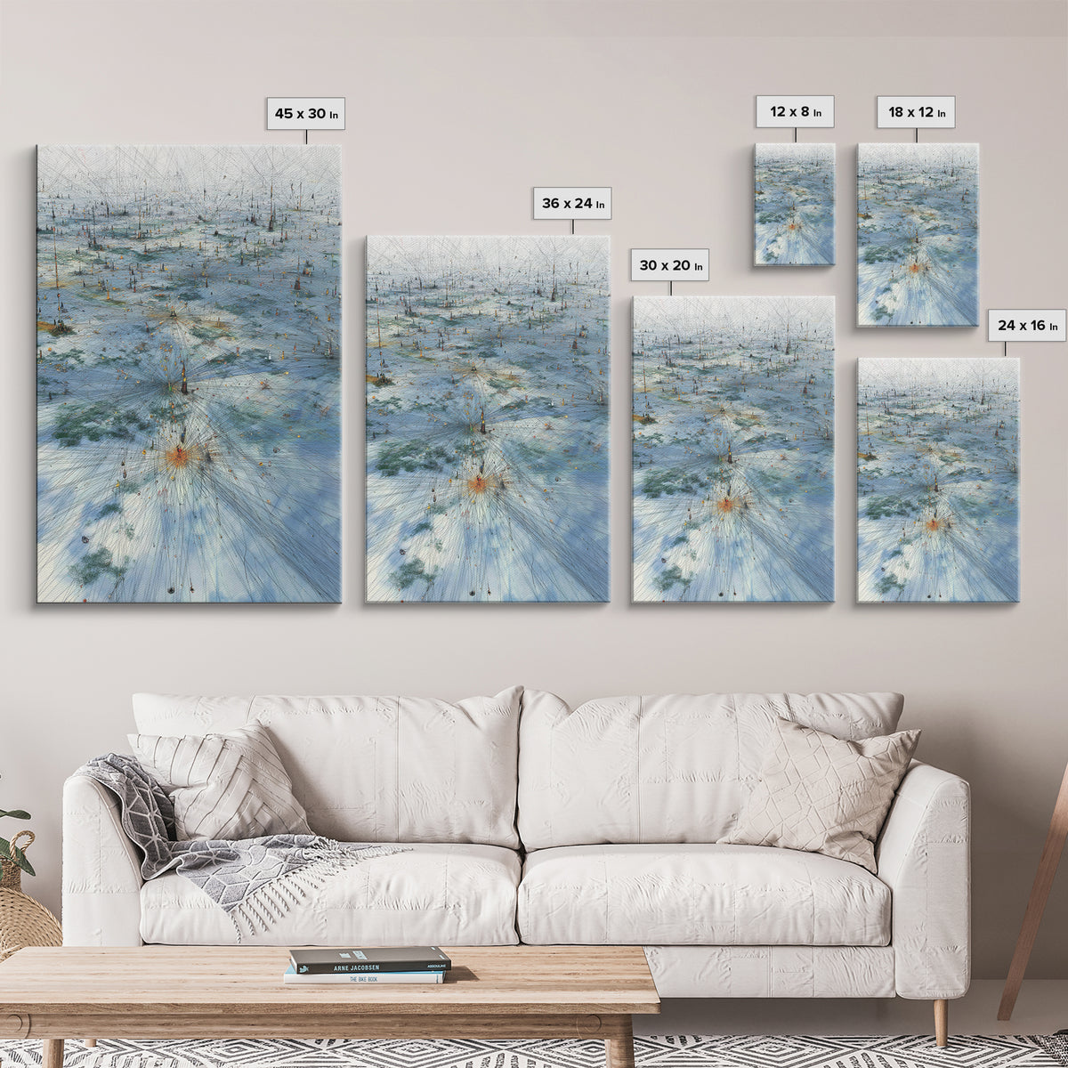 Icy Network Landscape Wall Art, Blue Abstract Field, Dreamy Modern Canvas Print, Minimalist Office Decor Gift, Large Home Decor