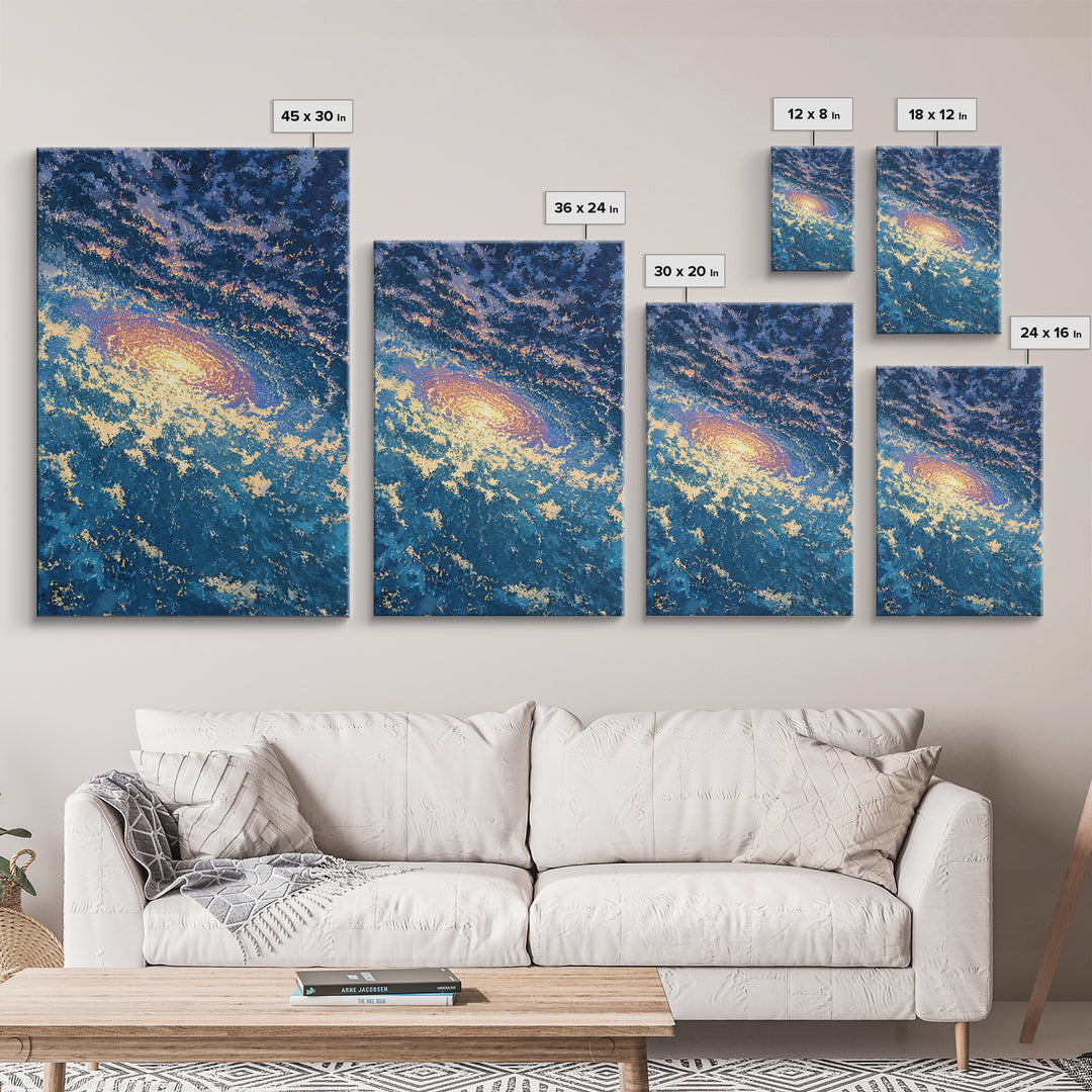 Blue Galaxy Vortex Wall Art, Swirling Cosmic Abstract, Gold Starry Canvas Print, Dreamy Luxury Decor Gift For Home Office