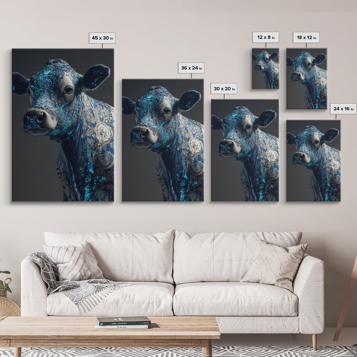 Blue Floral Cow Portrait Framed Canvas Print, Ornate Animal Wall Decor, Farmhouse Painting, Luxury Modern Home Decor Gift