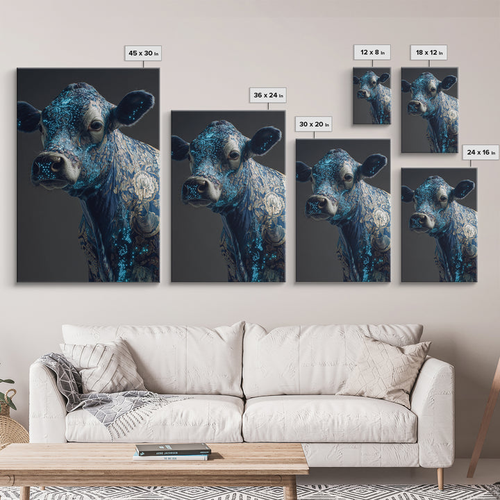 Blue Floral Cow Portrait Framed Canvas Print, Ornate Animal Wall Decor, Farmhouse Painting, Luxury Modern Home Decor Gift