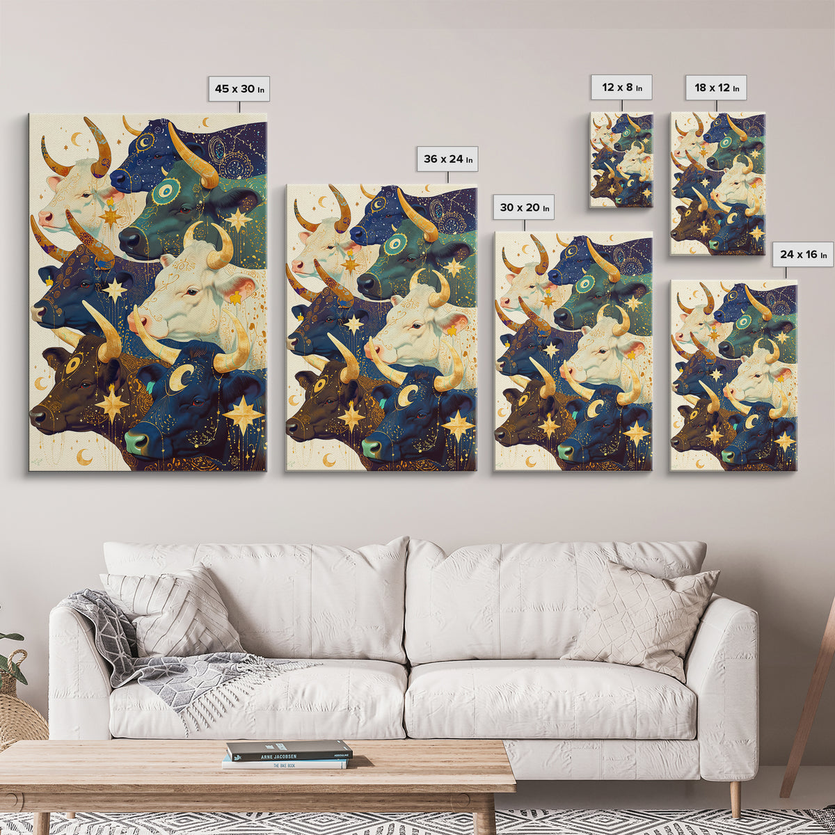 Celestial Herd Of Moonlit Cows Wall Art, Mystical Animal Canvas Print, Colorful Farm Decor, Whimsical Stars And Moons Poster