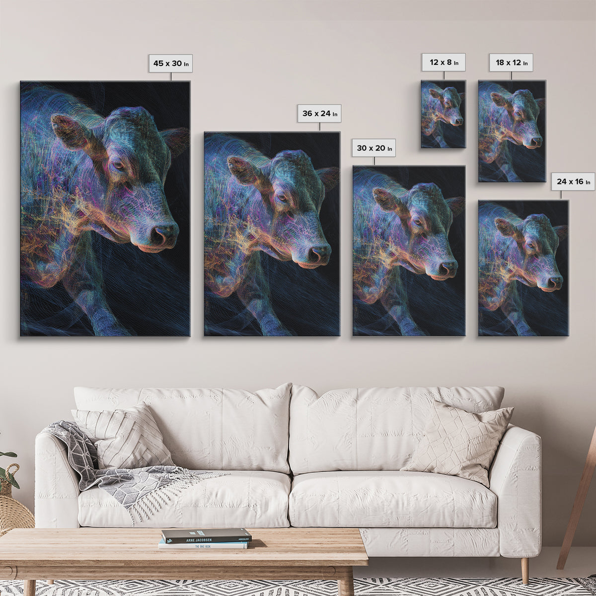 Neon Rainbow Cow Portrait Canvas Print, Abstract Animal Wall Decor, Electric Blue Farmhouse Art, Modern Black Home Decor