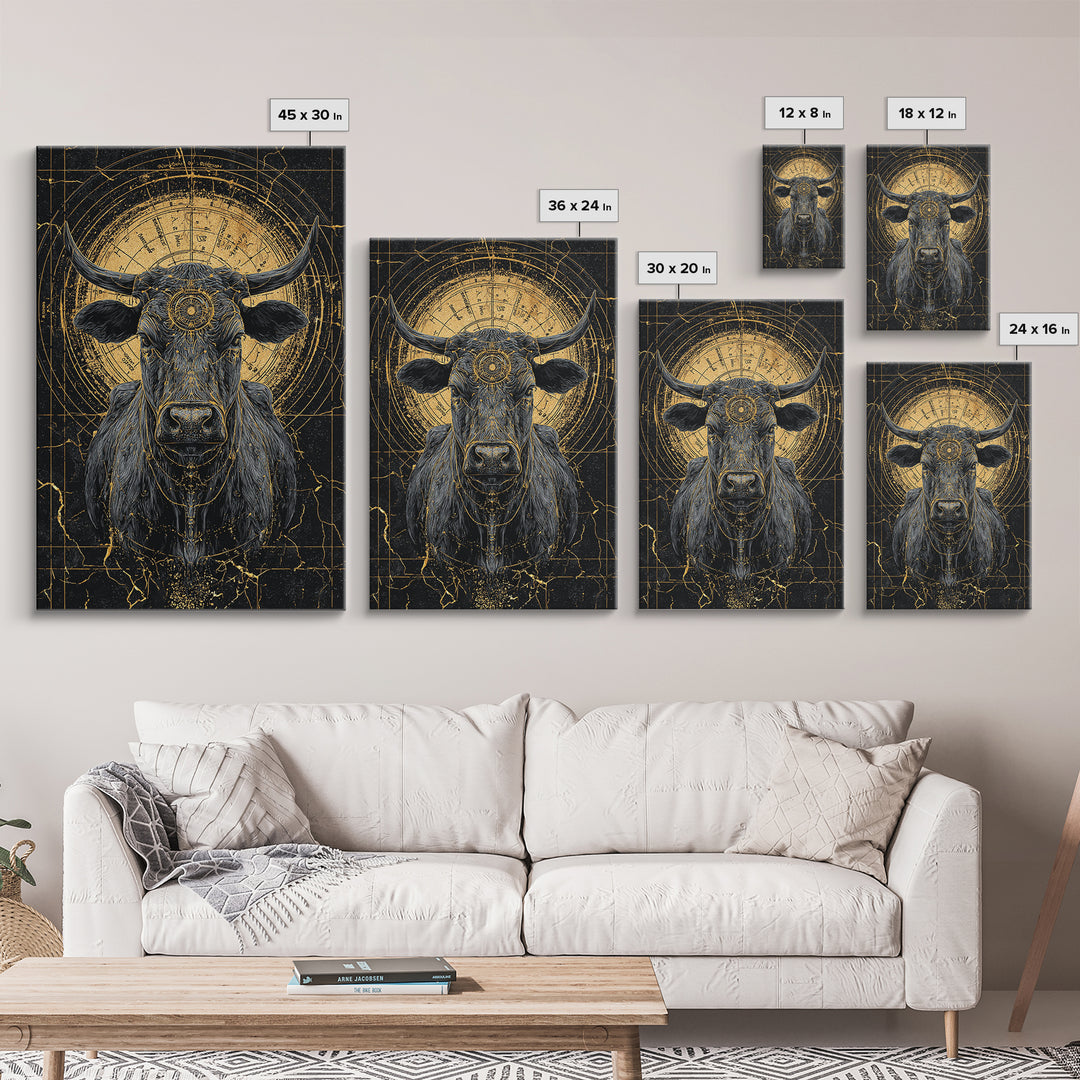 Sacred Black And Gold Bull Framed Canvas Print, Geometric Animal Wall Art, Mystical Farm Decor, Dramatic Statement Piece