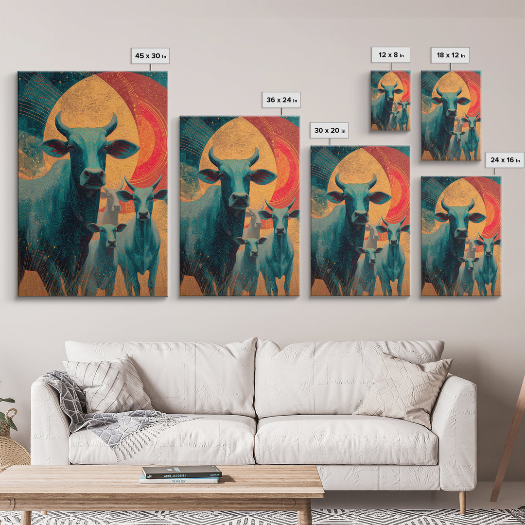 Retro Teal Cattle Family Canvas Print, Orange Sun Animal Wall Decor, Southwestern Farm Painting, Bold Living Room Art Gift