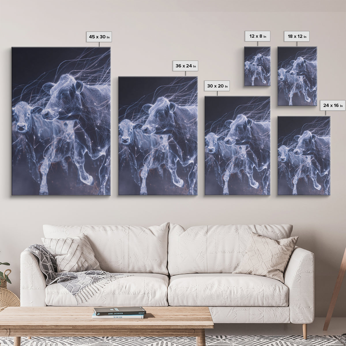 Glowing Running Cows Wall Art, Ethereal Blue Animal Canvas Print, Motion Study Farm Decor, Dreamy Modern Statement Piece