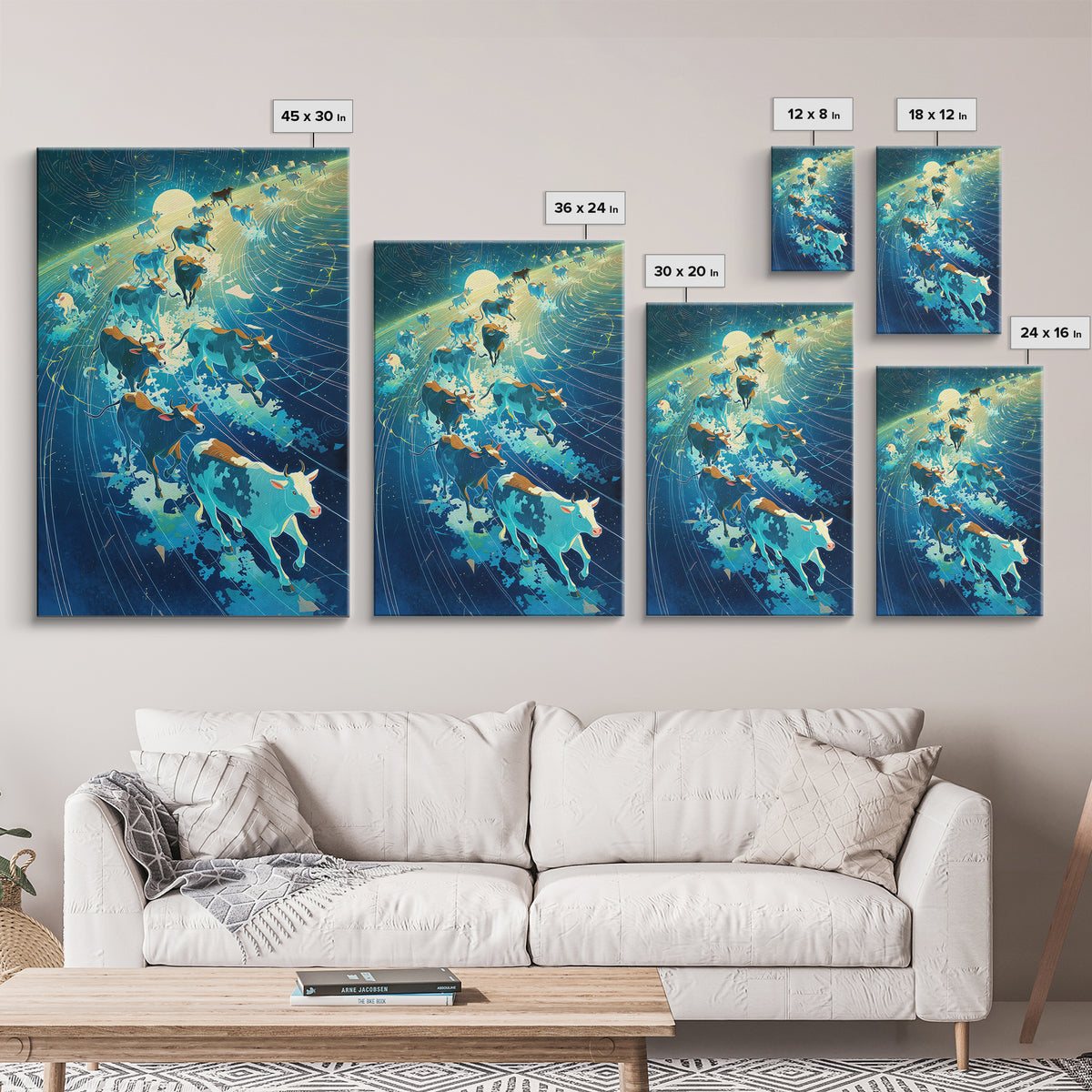 Cosmic Cattle Herd In Motion Wall Art, Blue Galaxy Animal Canvas Print, Dynamic Farm Decor, Unique Living Room Statement