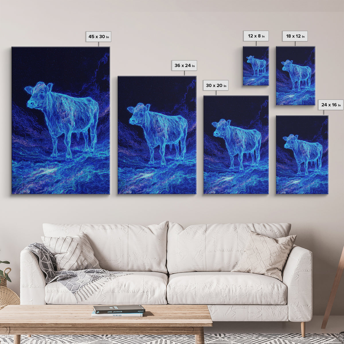 Electric Blue Cow Landscape Canvas Print, Neon Animal Wall Art, Mystical Night Farm Decor, Modern Nature Scene Painting Gift