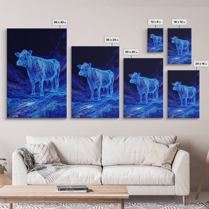 Electric Blue Cow Landscape Canvas Print, Neon Animal Wall Art, Mystical Night Farm Decor, Modern Nature Scene Painting Gift