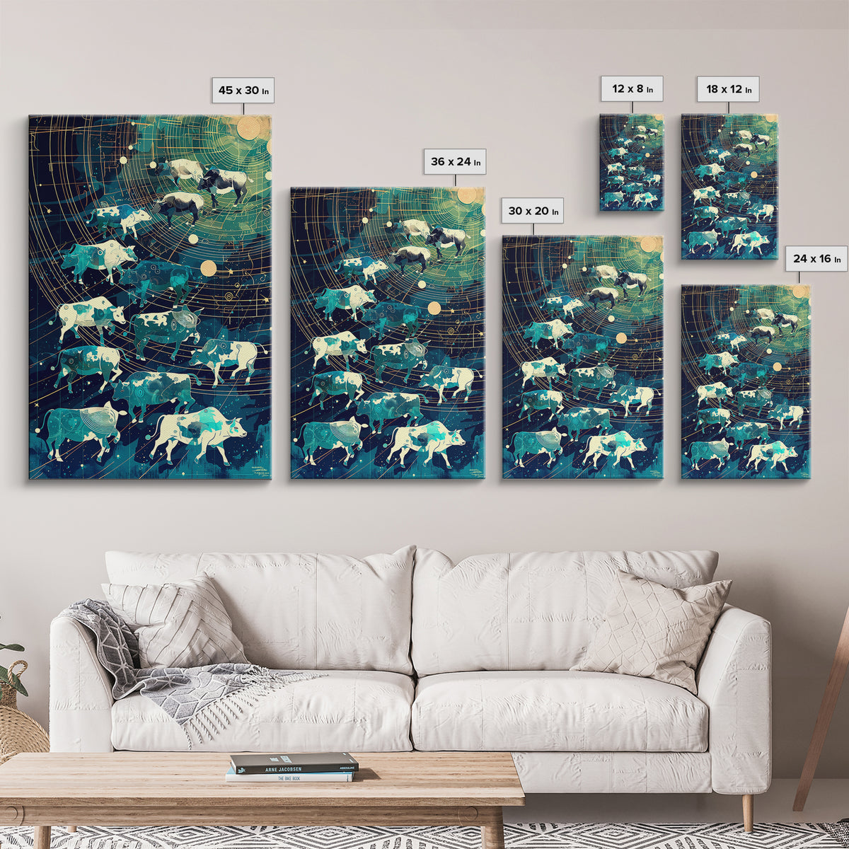 Celestial Cattle Herd Under Golden Star Map, Wall Art, Farm Animal Painting, Modern Canvas Art, Rustic Decor, Unique Gift