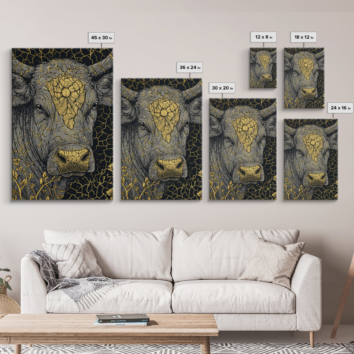 Cracked Gold Bull Portrait With Horns, Framed Canvas Print, Animal Wall Art, Black And Gold Art, Rustic Decor Statement Piece