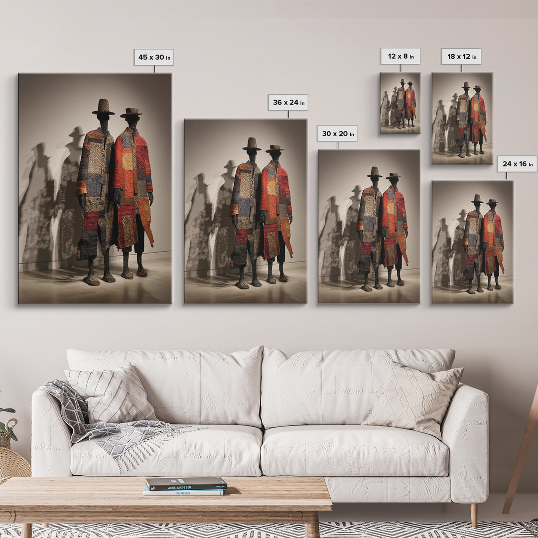 Patchwork African Textile Figures In Hats, Framed Canvas Print, African Art Sculpture, Tribal Decor, Cultural Home Decor Gift