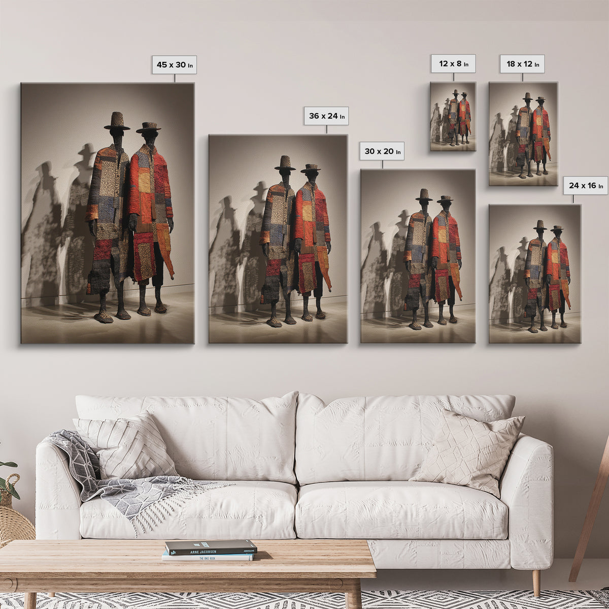 Patchwork African Textile Figures In Hats, Framed Canvas Print, African Art Sculpture, Tribal Decor, Cultural Home Decor Gift