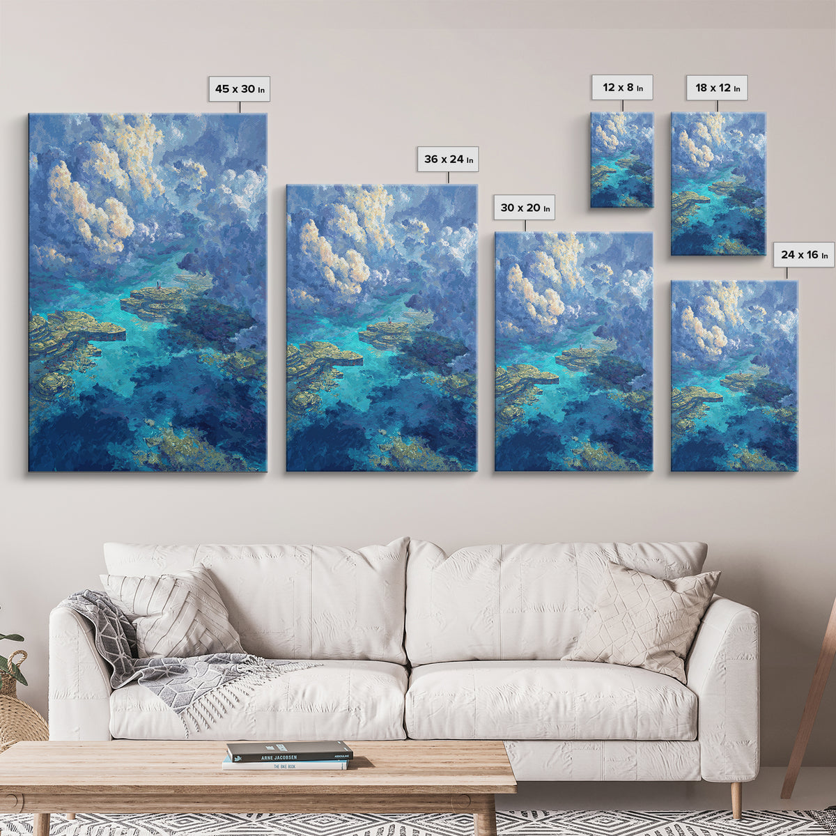 Dreamy Turquoise Ocean And Cloudscape Wall Art, Blue Nature Scene Art, Coastal Fantasy Landscape, Modern Canvas Decor Gift