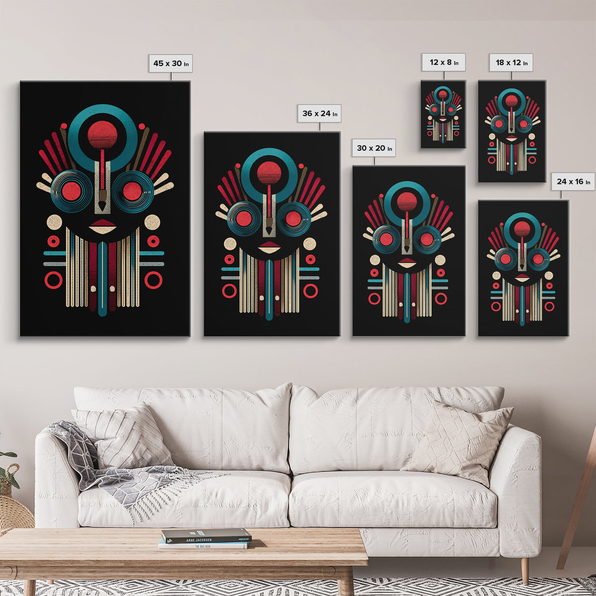 Geometric Tribal Mask In Red And Teal Canvas Print, African Mask Art, Abstract African Art, Afrocentric Wall Home Decor Gift