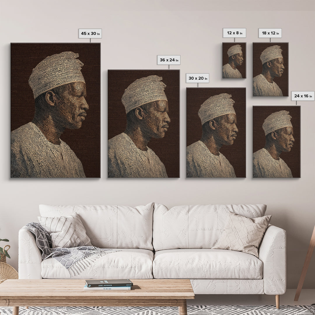 Sepia African Man Profile In Text Canvas Print, Black Man Artful Portrait, African American Art, Cultural Wall Decor Gift